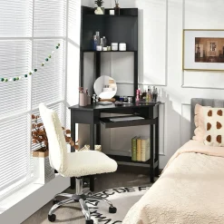 Tangkula White Corner Desk with Hutch, 90 Degrees Triangle Corner Computer Desk