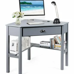 Tangkula White Corner Desk, Corner Computer Desk with Smooth Keyboard Tray for Small Space