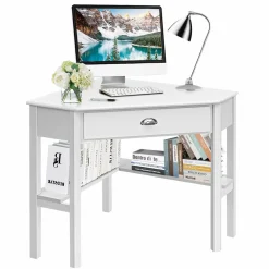 Tangkula White Corner Desk, Corner Computer Desk with Smooth Keyboard Tray for Small Space