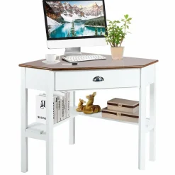 Tangkula White Corner Desk, Corner Computer Desk with Smooth Keyboard Tray for Small Space