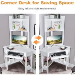 Tangkula White Corner Desk with Hutch, 90 Degrees Triangle Corner Computer Desk
