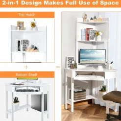 Tangkula White Corner Desk with Hutch, 90 Degrees Triangle Corner Computer Desk