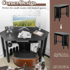Tangkula White Corner Desk, Corner Computer Desk with Smooth Keyboard Tray for Small Space