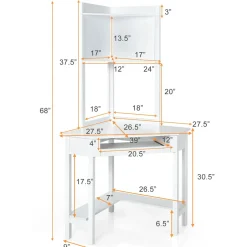 Tangkula White Corner Desk with Hutch, 90 Degrees Triangle Corner Computer Desk