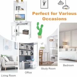 Tangkula White Corner Desk with Hutch, 90 Degrees Triangle Corner Computer Desk