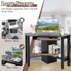Tangkula White Corner Desk, Corner Computer Desk with Smooth Keyboard Tray for Small Space
