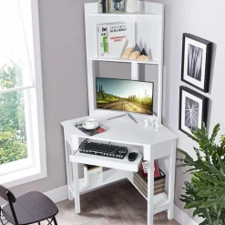 Tangkula White Corner Desk with Hutch, 90 Degrees Triangle Corner Computer Desk