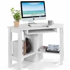Tangkula White Corner Desk, Corner Computer Desk with Smooth Keyboard Tray for Small Space