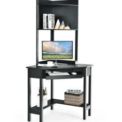 Tangkula White Corner Desk with Hutch, 90 Degrees Triangle Corner Computer Desk