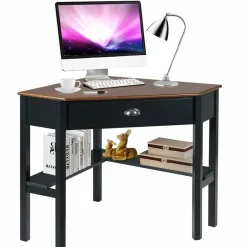 Tangkula White Corner Desk, Corner Computer Desk with Smooth Keyboard Tray for Small Space
