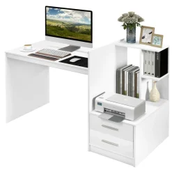 Tangkula White Desk with 2 Storage Drawers & Bookshelf