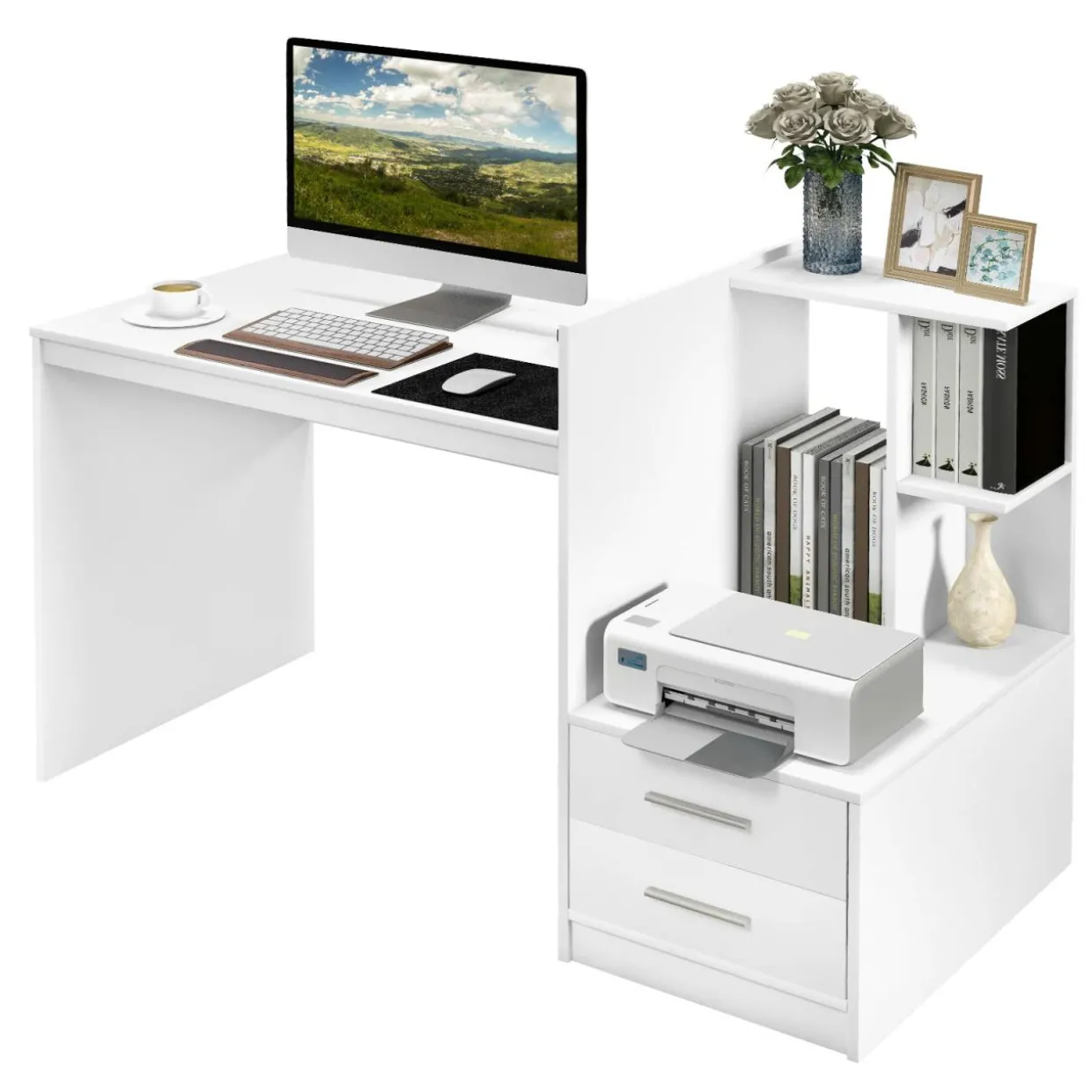 Tangkula White Desk with 2 Storage Drawers & Bookshelf
