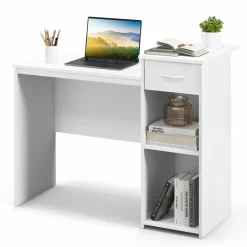 Tangkula White Desk with Drawer, Modern Computer Desk with Adjustable Shelf & Cable Hole, Wooden Computer Workstation for Home or Office