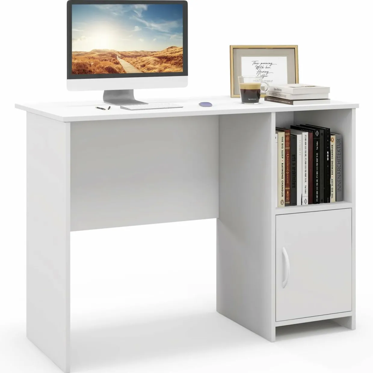 Tangkula White Desk with Cabinet & Open Shelf, Small Writing Study Desk with Cable Hole