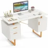 Tangkula White Desk with Storage Drawers & Cabinet, Home Office Computer Workstation with Floating Desktop