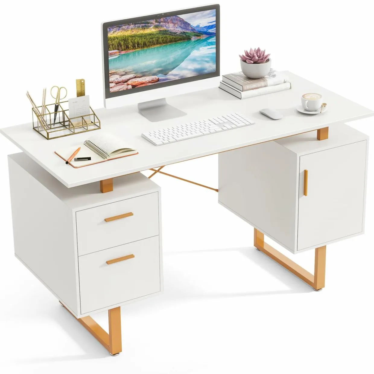 Tangkula White Desk with Storage Drawers & Cabinet, Home Office Computer Workstation with Floating Desktop
