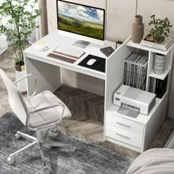 Tangkula White Desk with 2 Storage Drawers & Bookshelf