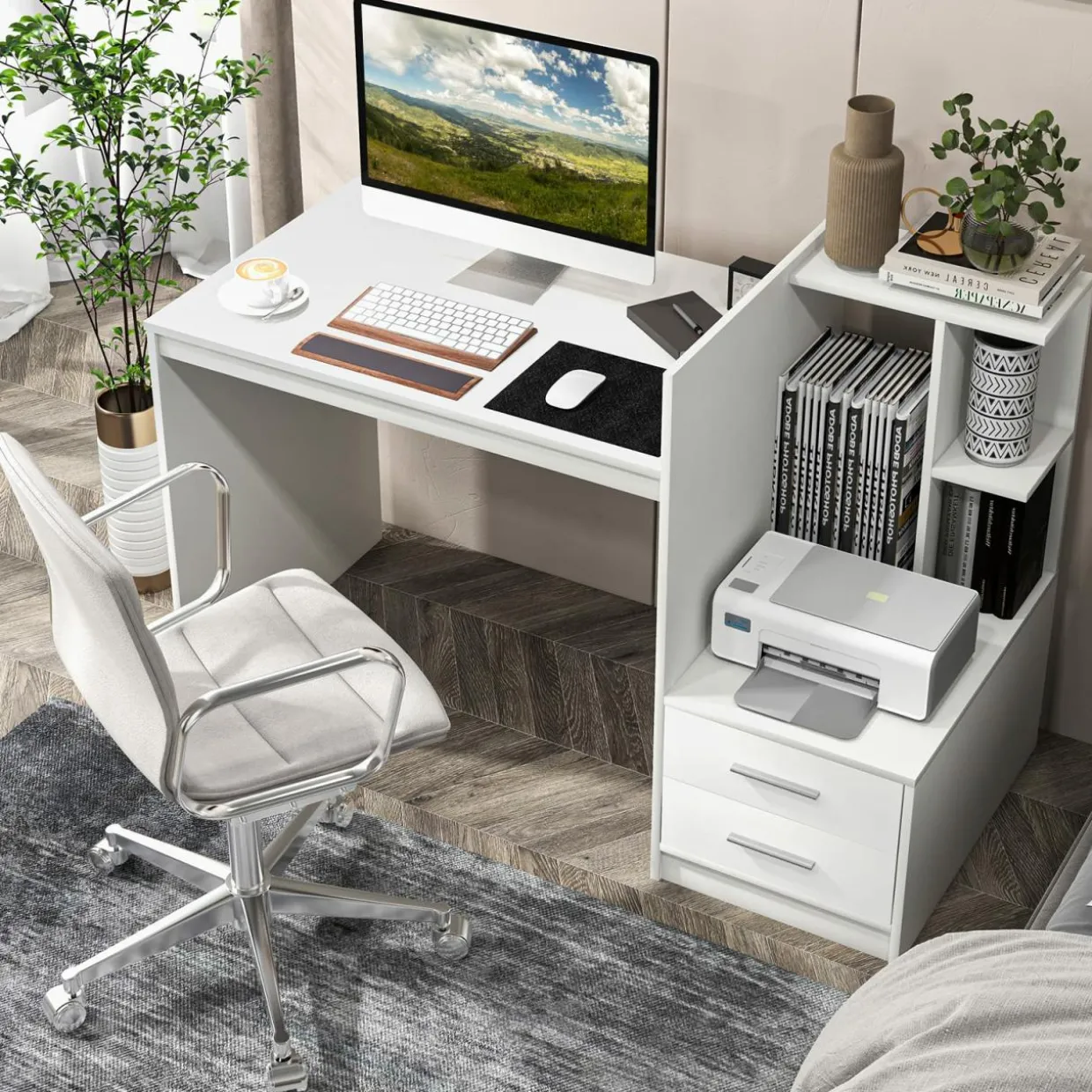 Tangkula White Desk with 2 Storage Drawers & Bookshelf