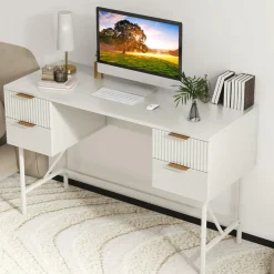 Tangkula White Desk with 4 Drawers, 48 Inch Home Office Desk with Storage, Writing Desk with Metal Frame for Bedroom, Study, Office