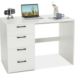 Tangkula White Desk with 4 Storage Drawers