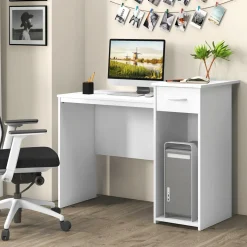 Tangkula White Desk with Drawer, Modern Computer Desk with Adjustable Shelf & Cable Hole, Wooden Computer Workstation for Home or Office