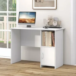 Tangkula White Desk with Cabinet & Open Shelf, Small Writing Study Desk with Cable Hole