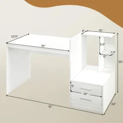 Tangkula White Desk with 2 Storage Drawers & Bookshelf