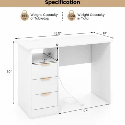 Tangkula White Desk with 3 Drawers & Built-in Charge Station, Home Office Desk with Open Storage Shelf