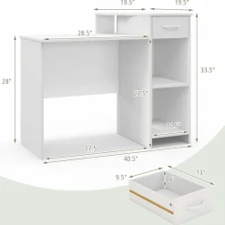 Tangkula White Desk with Storage Drawer & Shelves, Modern Computer Desk with Adjustable Shelf & Cable Hole, White