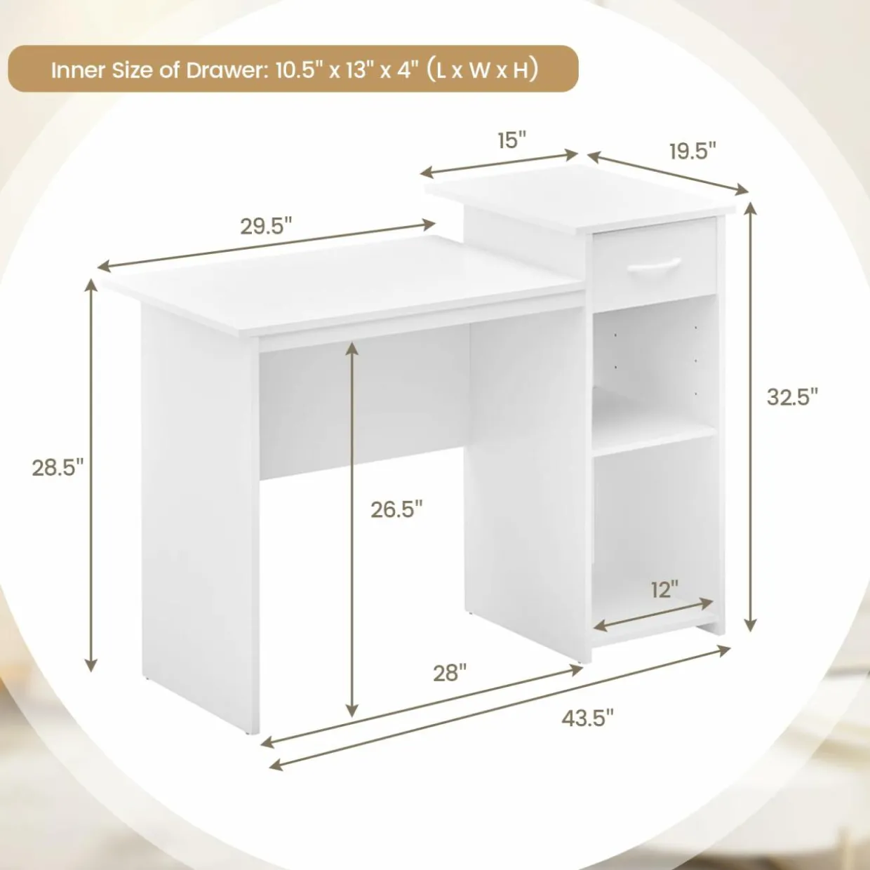 Tangkula White Desk with Drawer, Modern Computer Desk with Adjustable Shelf & Cable Hole, Wooden Computer Workstation for Home or Office