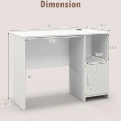Tangkula White Desk with Cabinet & Open Shelf, Small Writing Study Desk with Cable Hole