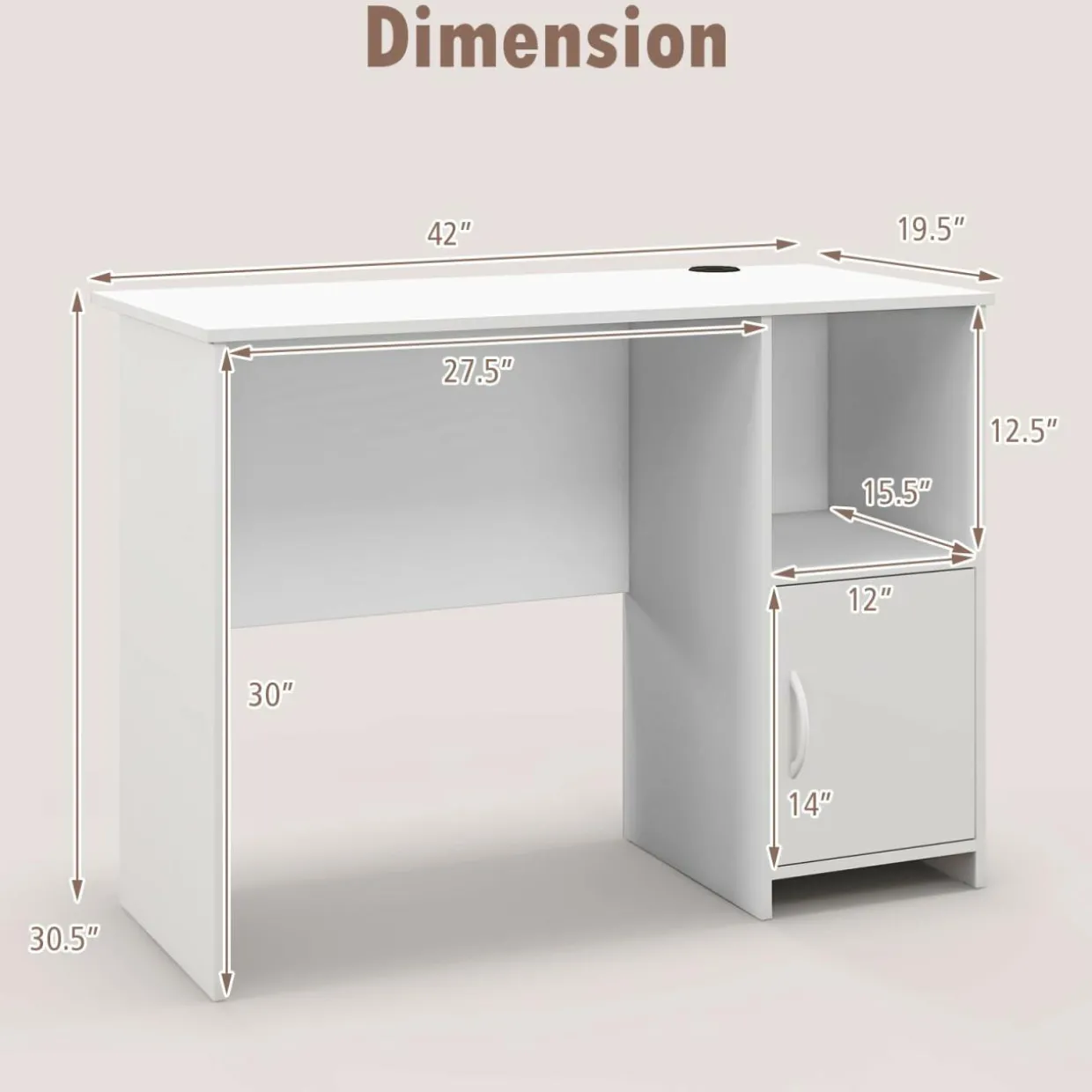 Tangkula White Desk with Cabinet & Open Shelf, Small Writing Study Desk with Cable Hole