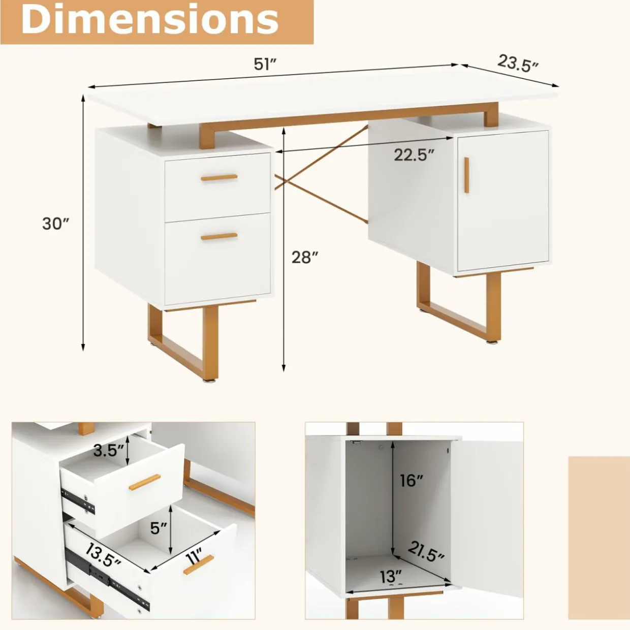 Tangkula White Desk with Storage Drawers & Cabinet, Home Office Computer Workstation with Floating Desktop