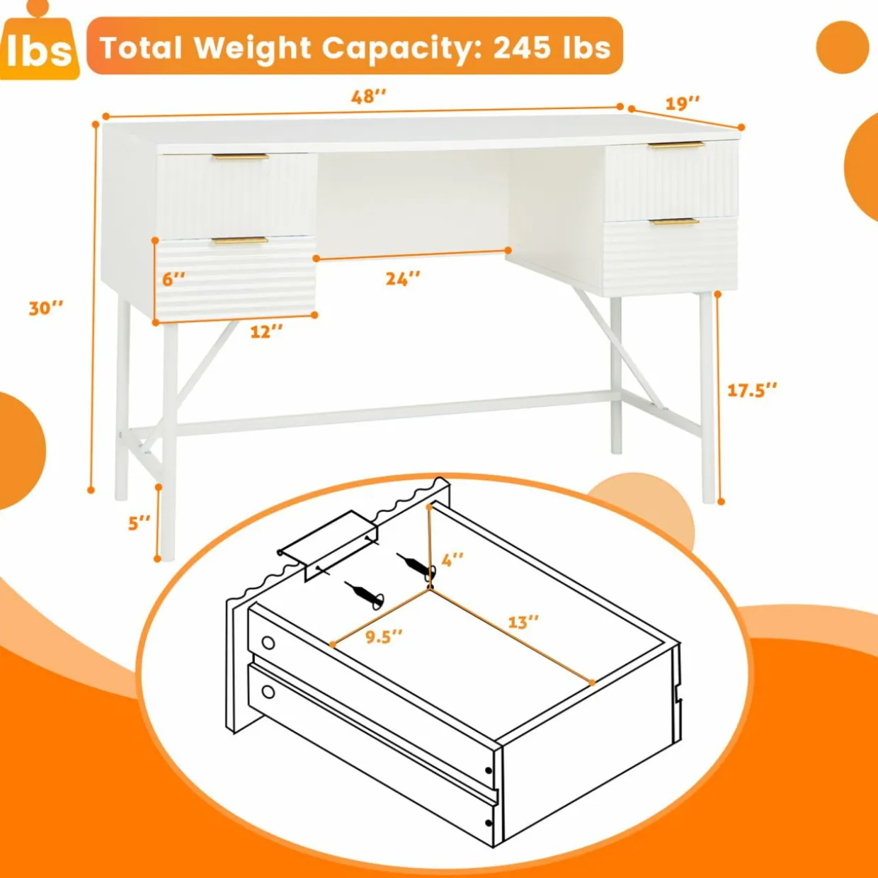 Tangkula White Desk with 4 Drawers, 48 Inch Home Office Desk with Storage, Writing Desk with Metal Frame for Bedroom, Study, Office