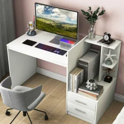 Tangkula White Desk with 2 Storage Drawers & Bookshelf