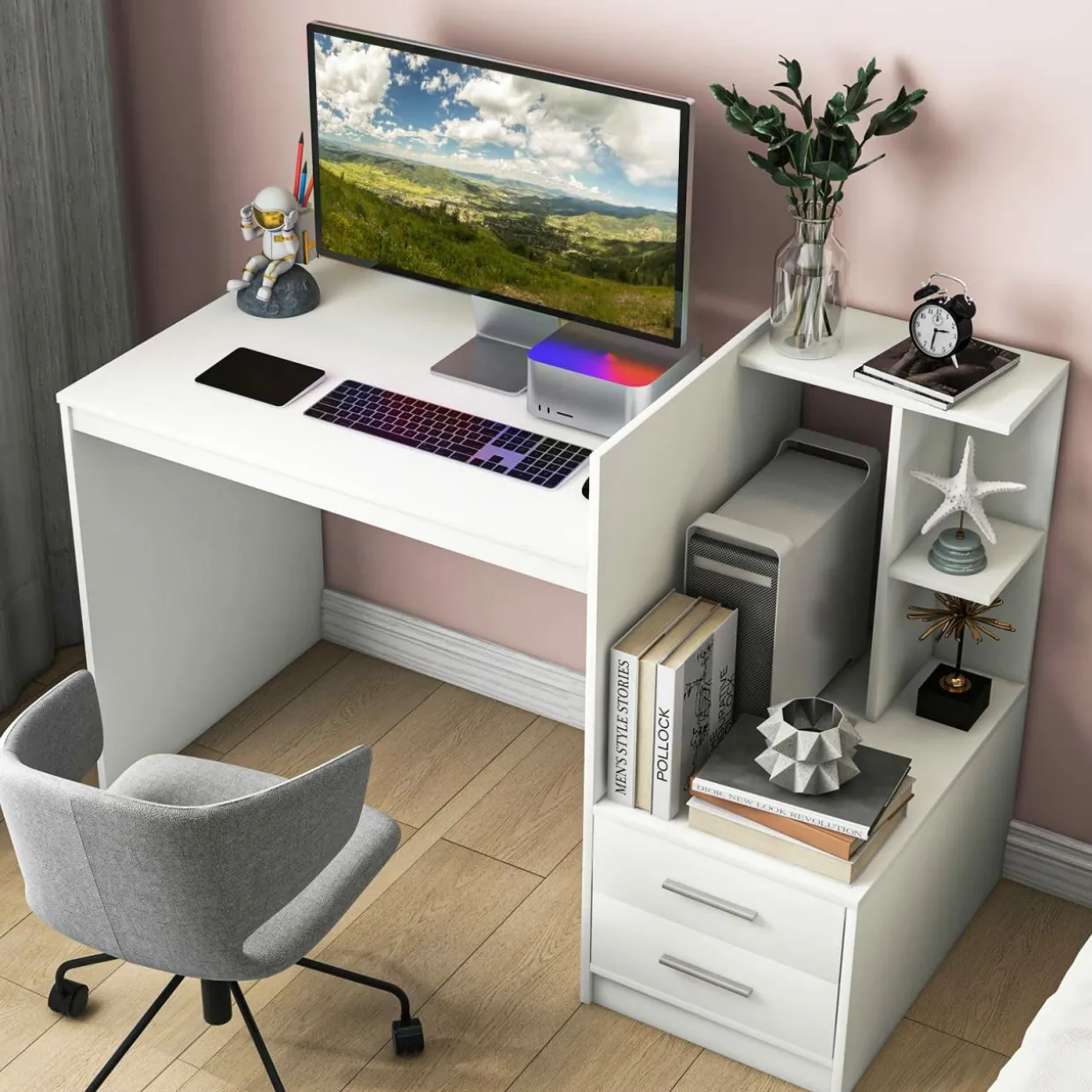 Tangkula White Desk with 2 Storage Drawers & Bookshelf