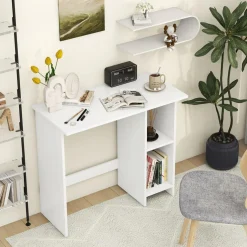 Tangkula White Desk with Storage Shelves, Modern Small Writing Desk with Adjustable Shelf (White)