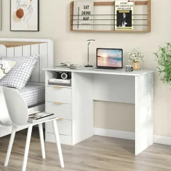 Tangkula White Desk with 3 Drawers & Built-in Charge Station, Home Office Desk with Open Storage Shelf