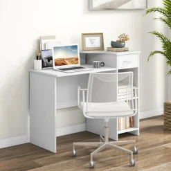 Tangkula White Desk with Storage Drawer & Shelves, Modern Computer Desk with Adjustable Shelf & Cable Hole, White