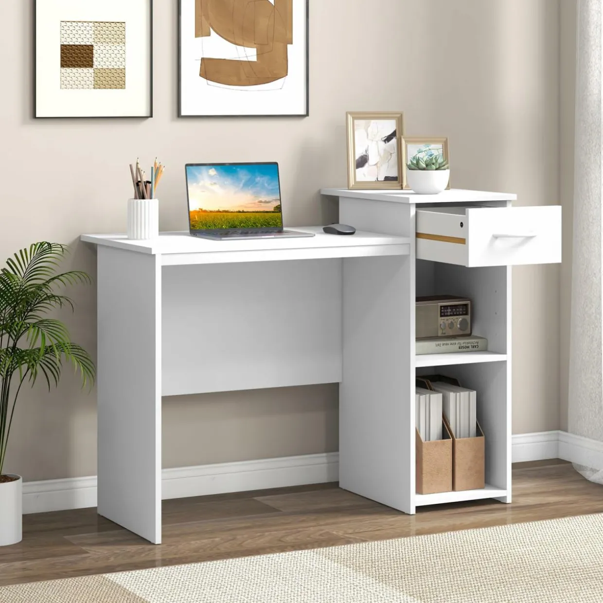 Tangkula White Desk with Drawer, Modern Computer Desk with Adjustable Shelf & Cable Hole, Wooden Computer Workstation for Home or Office