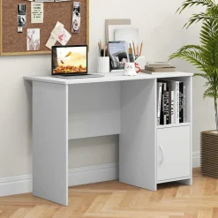 Tangkula White Desk with Cabinet & Open Shelf, Small Writing Study Desk with Cable Hole