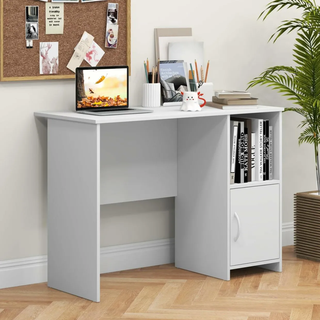 Tangkula White Desk with Cabinet & Open Shelf, Small Writing Study Desk with Cable Hole