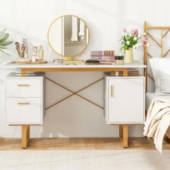 Tangkula White Desk with Storage Drawers & Cabinet, Home Office Computer Workstation with Floating Desktop