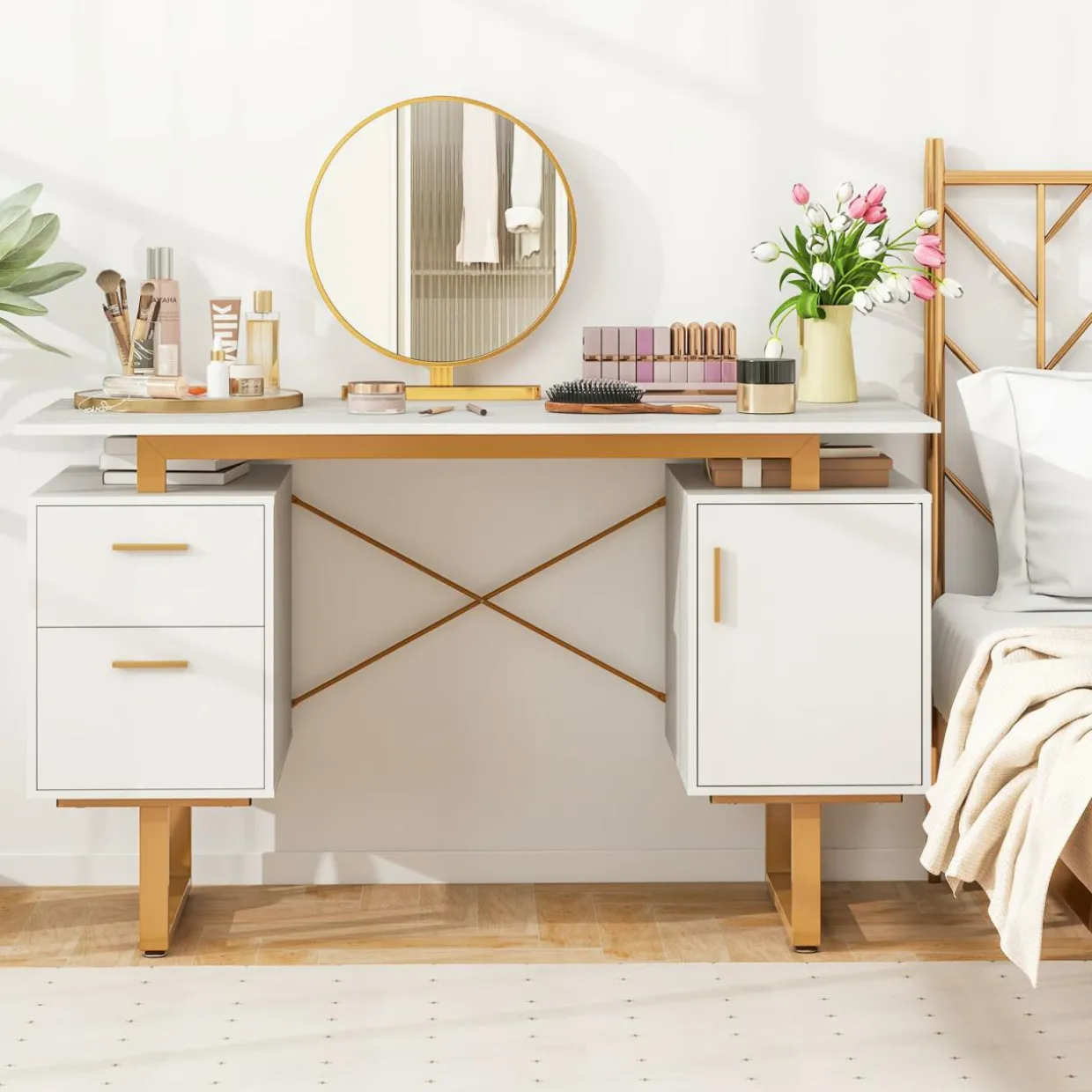 Tangkula White Desk with Storage Drawers & Cabinet, Home Office Computer Workstation with Floating Desktop
