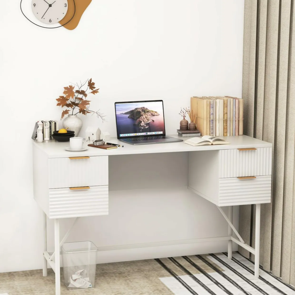 Tangkula White Desk with 4 Drawers, 48 Inch Home Office Desk with Storage, Writing Desk with Metal Frame for Bedroom, Study, Office
