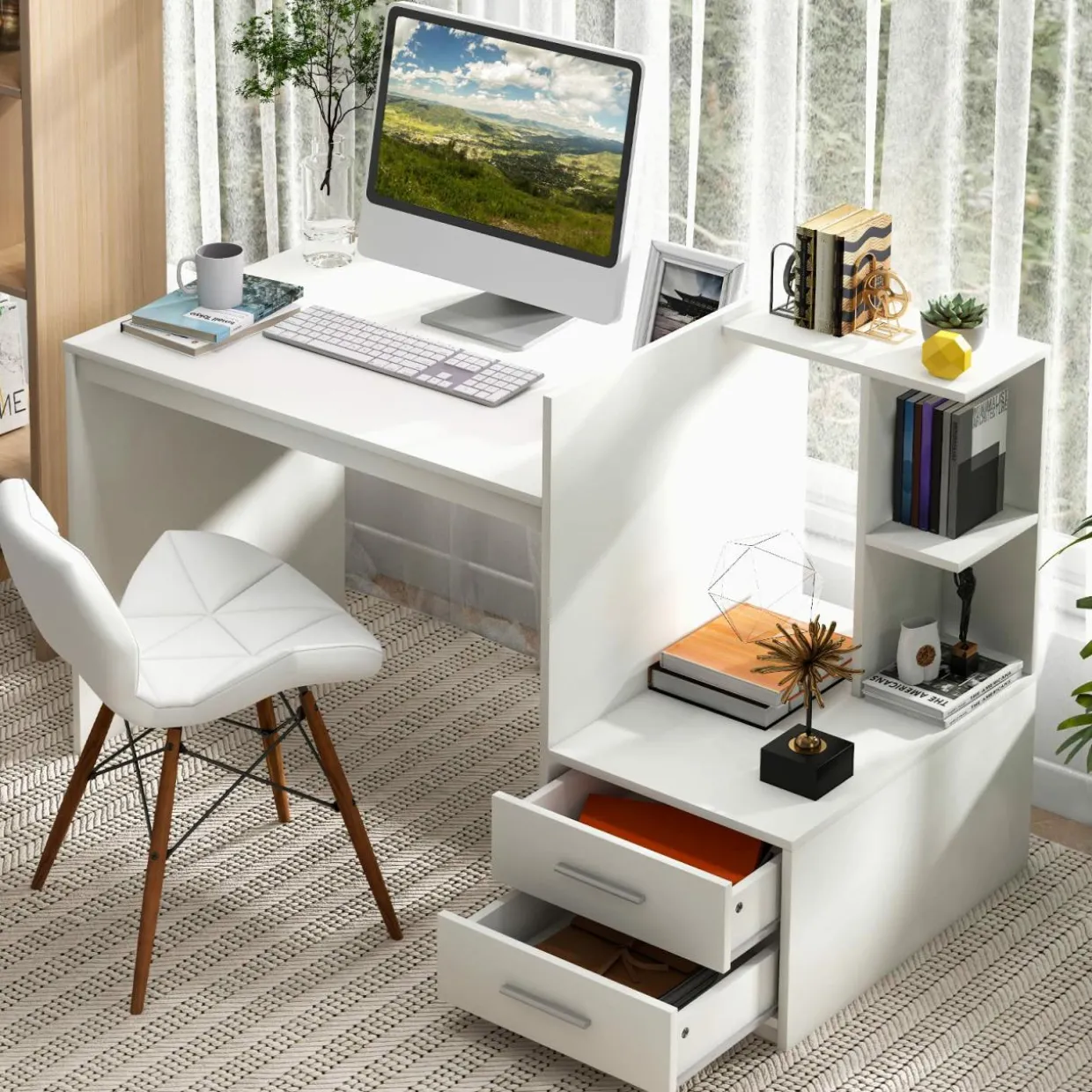 Tangkula White Desk with 2 Storage Drawers & Bookshelf