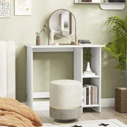 Tangkula White Desk with Storage Shelves, Modern Small Writing Desk with Adjustable Shelf (White)