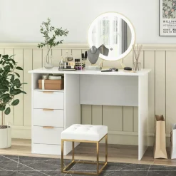 Tangkula White Desk with 3 Drawers & Built-in Charge Station, Home Office Desk with Open Storage Shelf