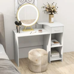 Tangkula White Desk with Storage Drawer & Shelves, Modern Computer Desk with Adjustable Shelf & Cable Hole, White