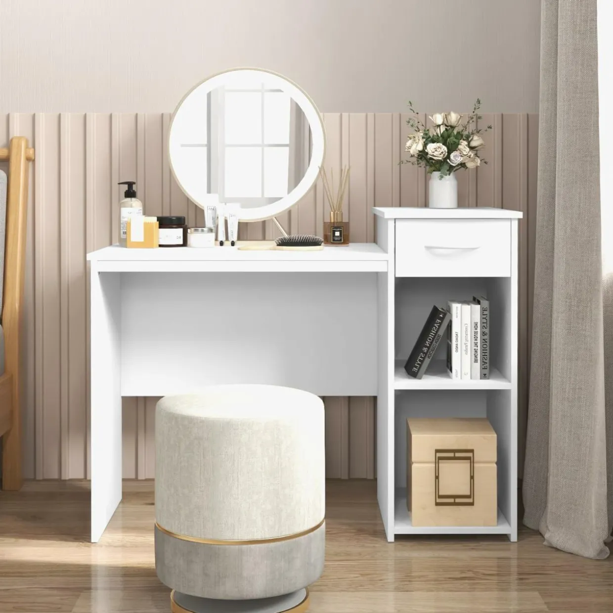 Tangkula White Desk with Drawer, Modern Computer Desk with Adjustable Shelf & Cable Hole, Wooden Computer Workstation for Home or Office